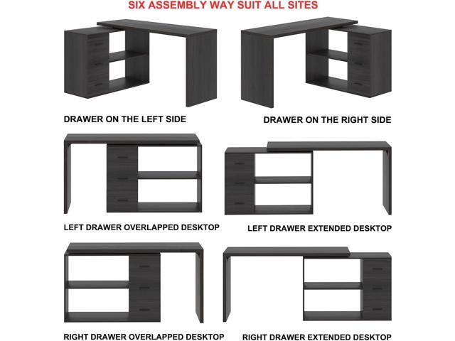 HSH L Shaped Desk with Drawers, Shape Computer Storage Cabinet Shelves, Reversible Modern Industrial Home Office Corner Desk, Rustic Wood Executive...