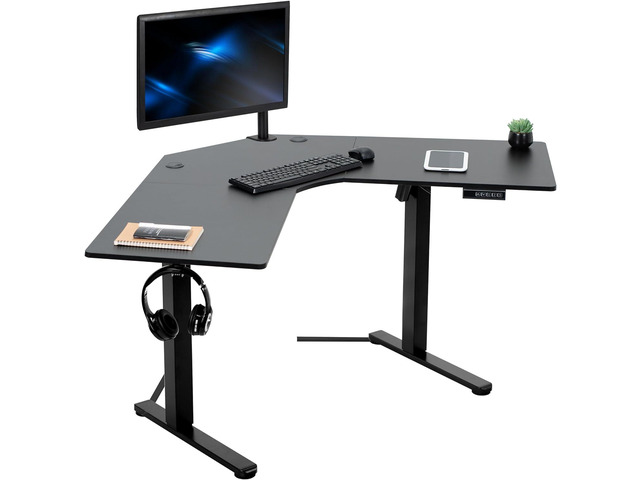 Electric Height Adjustable L-Shaped 47 x 47 inch Standing Desk, Black Corner Table Top, Black Frame, Stand Up Workstation, DESK-E1L94B