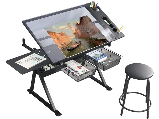 Drafting Table Adjustable for Artists - Art Drawing Desk with Storage for Painting Sketching - Glass Top for Painters Illustrators Cartoonists Black
