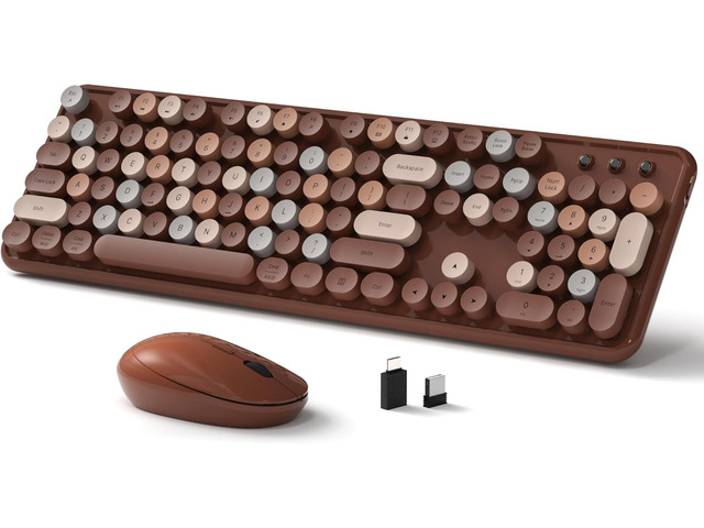 Links9+ Colorful Wireless Keyboard and Mouse Combo (Coffee Colorful) Full-Size Retro Typewriter Style Keyboard with Vintage Round Keycaps, 2.4G...