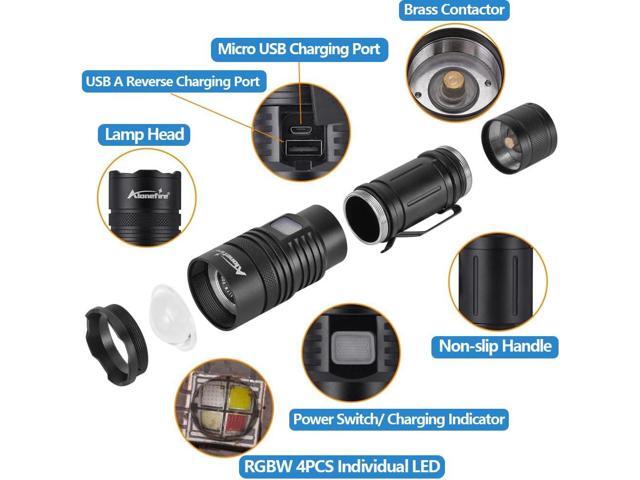 ALONEFIRE X37 Multicolor LED Flashlight 4 Color Change White Blue Green Red Light RGB USB Rechargeable Zoom Waterproof with Reverse Charging,...