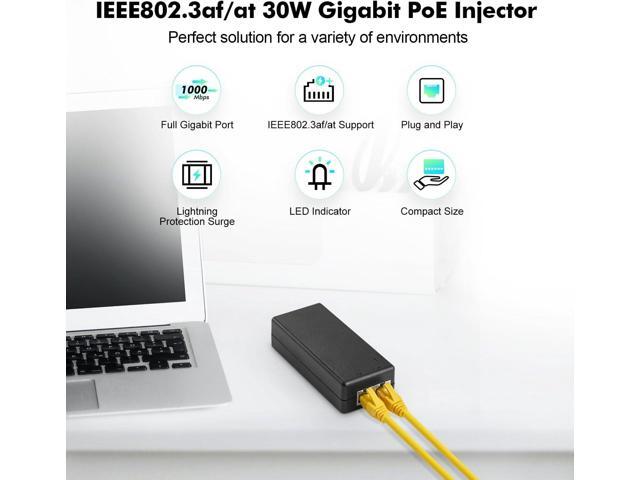 YuLinca Gigabit PoE Injector 30W, 802.3af/at Power Over Ethernet PoE Adapter, 10/100/1000Mbps, Non-PoE to PoE Adapter, Plug & Play, Distance Up to...