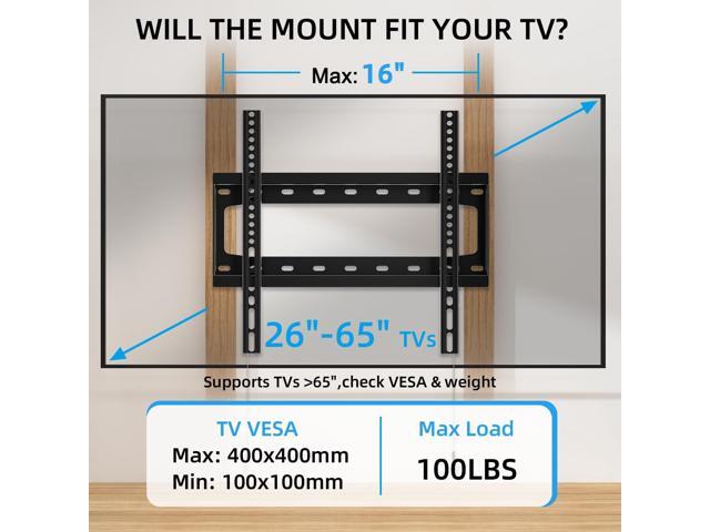 HOME VISION TV Wall Mount Fixed for Most 26-65 Inch Flat/Curved TVs with Max VESA 400X400mm up to 99Lbs Fits 16 Inch Wood Studs, Universal Low...