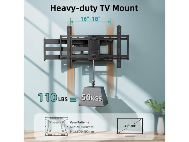 Long Arm TV Wall Mount for 42-80 inch TVs, Full Motion with 43 inch Extension Articulating Arms, Swivel and Tilt TV Bracket, Holds up to 110 lbs,...