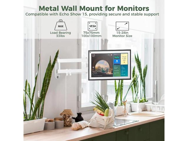 Full Motion Wall Mount for Echo Show 15, Monitor Wall Mounting Bracket for 15-28 Inch Monitors TVs, Swivel and Tilt 360 Rotate Wall Mount for Alexa...
