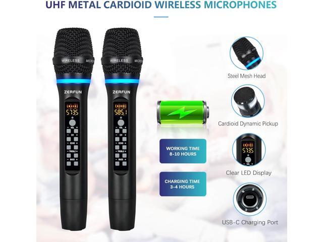 Dual Wireless Microphones Rechargeable, UHF Metal Wireless Mic System Cordless Microphone Professional with Echo Treble BASS VOL Channel Control...