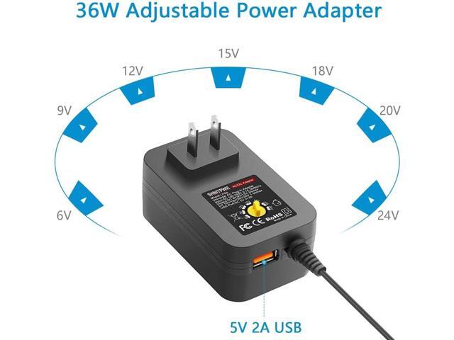 SHNITPWR 36W Adjustable Power Supply DC 6V~24V Universal Power Adapter 6V 9V 12V 15V 18V 20V 24V Variable Power Supply with 5V 2A USB Port AC/DC...