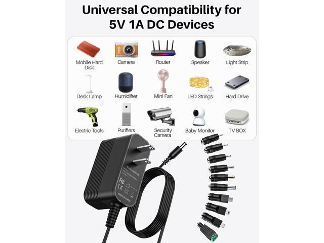 5V 1A Charger Power Cord AC Adapter 5V Power Supply DC for Regulated Switching with 10 Interchangeable Jacks Universal for 100mA 200mA 300mA 350mA...