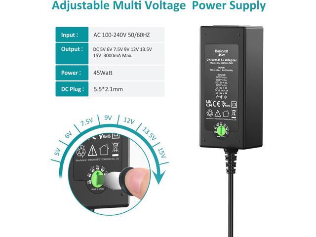 45W Universal 15V 13.5V 12V 9V 7.5V 6V 5V DC Power Supply, Switching AC Adapter Replacement Power Cord for LED Strip Lights Baby Monitor Security...