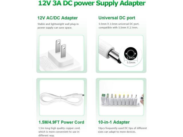 12V DC Power Supply 12V 3A Power Adapter 36W AC 100V-240V to DC 12Volt 3amp AC/DC Charger Power Cord 12V 2.5A 2A 1.5A 1A 800mA 500mA for Security...