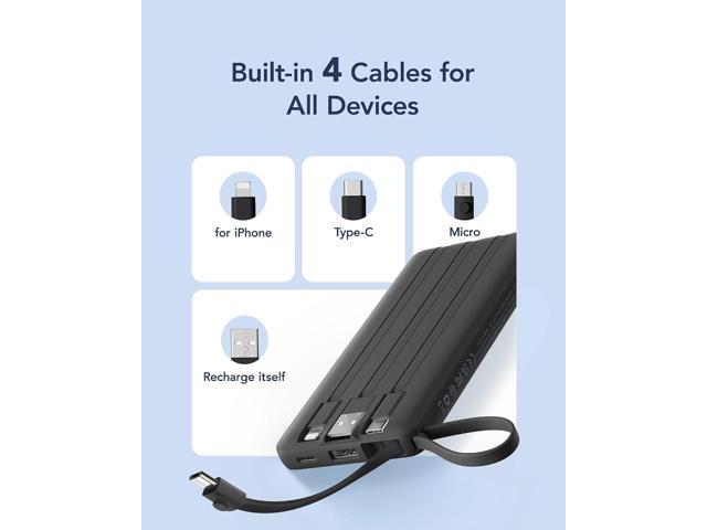 VRURC Portable Charger with Built in Cables, Slim Power Bank 10000mAh, USB C Battery Pack Travel Essential, 5 Outputs 2 Inputs Phone Charging Bank...