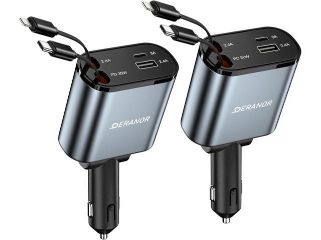 [2 Pack] Retractable Car Charger 4 in 1 Fast Car Phone Charger 69W, USB C Car Truck Accessories Adapter with 2X Retractable Charger Cords and 2X.