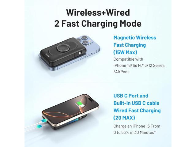 BLAVOR for Magsafe Portable Charger with Built-in Cables, USB C 20W Fast Charging, 10000mAh Magnetic Wireless Power Bank, Battery Pack with Stand...