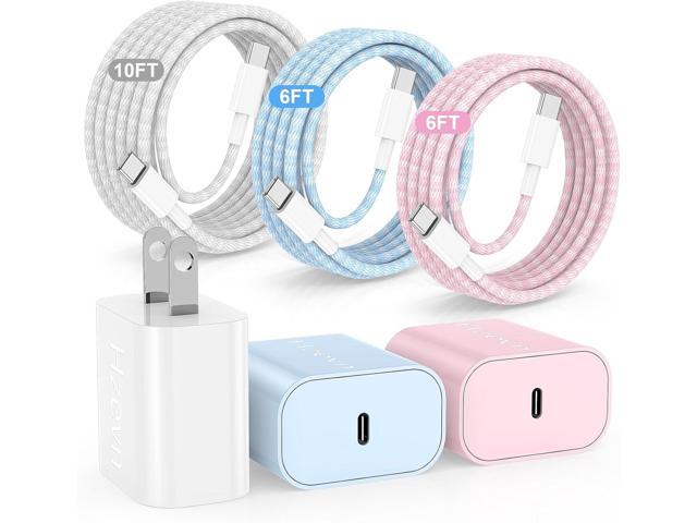 20W USB C Fast Charging for iPhone 17 Air/16/15 Pro Max,3Pack Colorful Mixed Charger Block with Braided Long USB C to C Cables (6/6/10ft)...