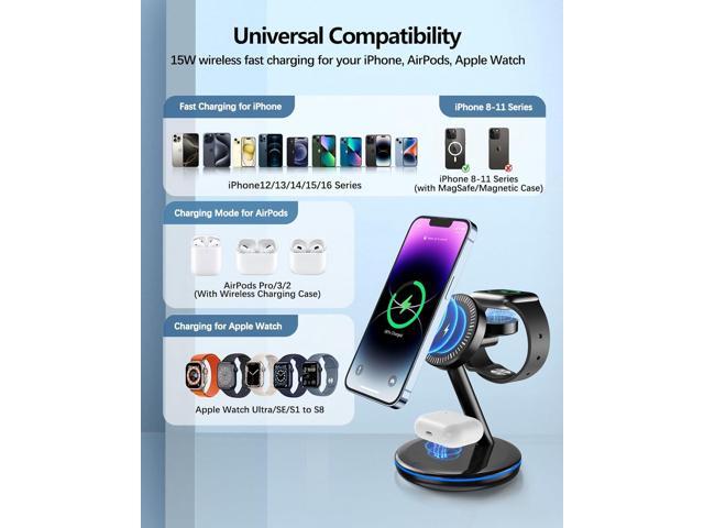 3 in 1 Charging Station for Apple Devices 18W Fast Mag-Safe Charger Stand Magnetic Wireless Charger Station for iPhone16 15 14 13 12 Pro/Pro...