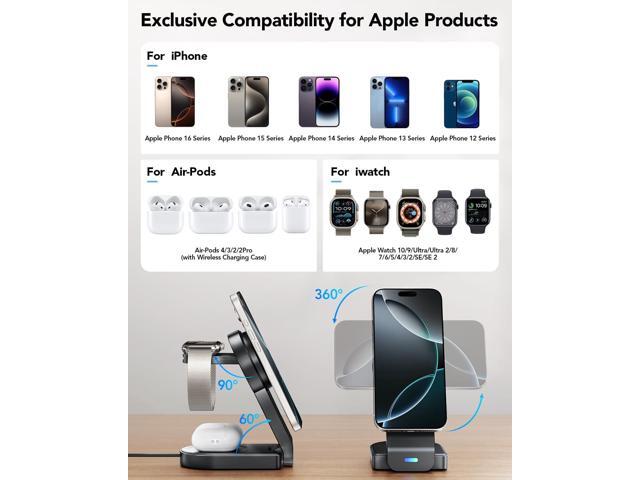 3 in 1 Wireless Charging Station Compatible with Apple,Foldable Magnetic Wireless Charger for iPhone 16/15/14/13/12,Apple Watch Series 10/Ultra...