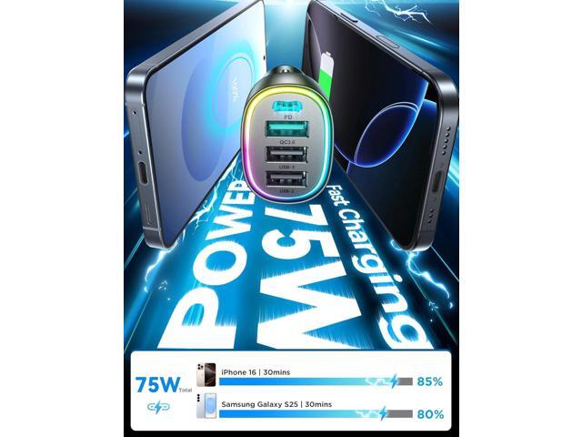 USB C Car Charger Cigarette Lighter Adapter, 75W 4-Port Fast Car Charger Fast Charging for iPhone16/15/14/13 Series, Samsung Galaxy S25/S24 Ultra,...