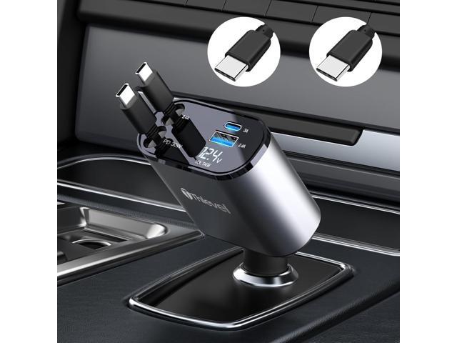 Retractable Car Charger 4 in 1 USB C Fast Charger with Dual Type-C Cables (31.5 inch) and 2 Charging Ports with Voltage Display Compatible with...