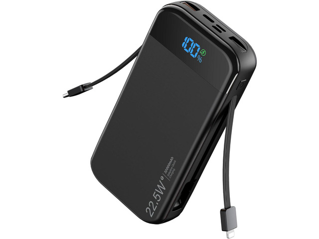 Portable Charger Power Bank Built-in Cables, 32000mAh 22.5W USB C Fast Charging, 5 Outputs 3 Inputs Travel Essentials Battery Pack Compatible with...