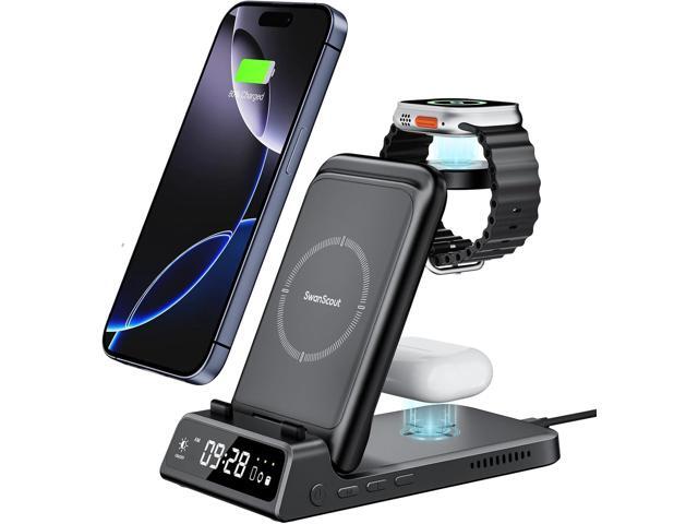 Charging Station for iPhone, SwanScout 703A, Wireless Charger for iPhone 16/15/14/13/12/11 Series, for Apple Watch 10/Ultra 2/9/8/7/6/5/SE 2, for...