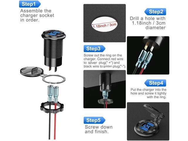 12V USB Outlet Wire Aluminum Car Charger Multi Port, Dual USB Quick Charge 3.0 Port and PD USB C Socket with Voltmeter Switch for Car Boat Marine...