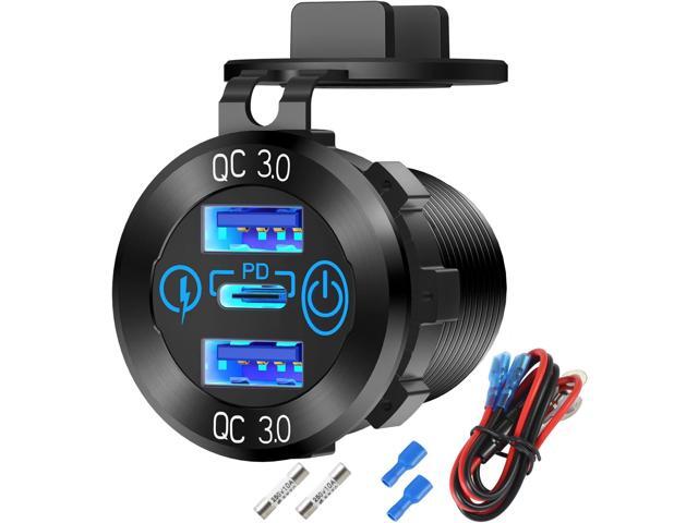 12V USB Aluminum Car Charger Socket PD 3.0 Type C and Dual Quick Charge 3.0 USB Port Multiple Waterproof 12V/24V USB Outlet with Touch Switch Fuse...