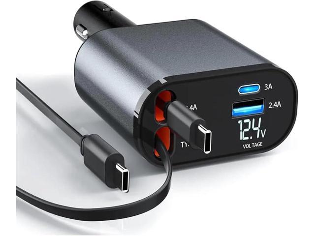 Retractable Car Charger4 in1 Fast Car Phone Charger with Dual Retractable Cables and 2 Charging Ports (Dual TypeC Retractable Cords)