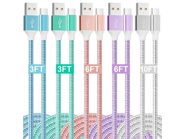 USB to USB C Cable, 5 Pack(3/3/6/6/10FT) 3.1A Colored Nylon Braided Type c Charger Fast Charging Android Phones for iPhone16/15,Samsung Galaxy S24...