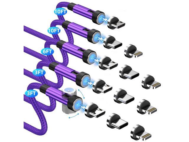 Magnetic Charging Cable [5-Pack,3/3/6/10/10FT] 3 in 1 Magnetic Phone Charger 360°&180° Rotating USB Charger Cable with LED Light Nylon Braided Cord...