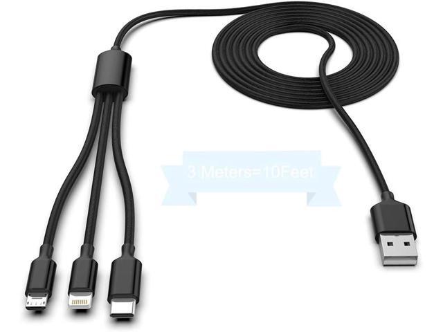 Multi 3 in 1 USB Long iPhone Charging Cable, 3M/10Ft Nylon Braided Universal Phone Charger Cord USB C/Micro USB/Lightning Connector Adapter for...