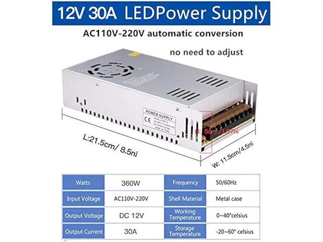 DC 12V 30A Power Supply 360W Universal Regulated Switching AC to DC Converter AC110V/220V (SMPS) Transformer Driver Adapter for LED Strip Light,...