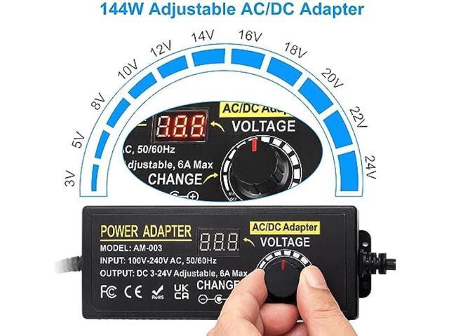 Universal Power Supply, Auplf Adjustable 24V 6A 144W Adapter, AC 100V-240V to DC 3V-24V Variable Power Supply Converter Transformer with 14 Tips
