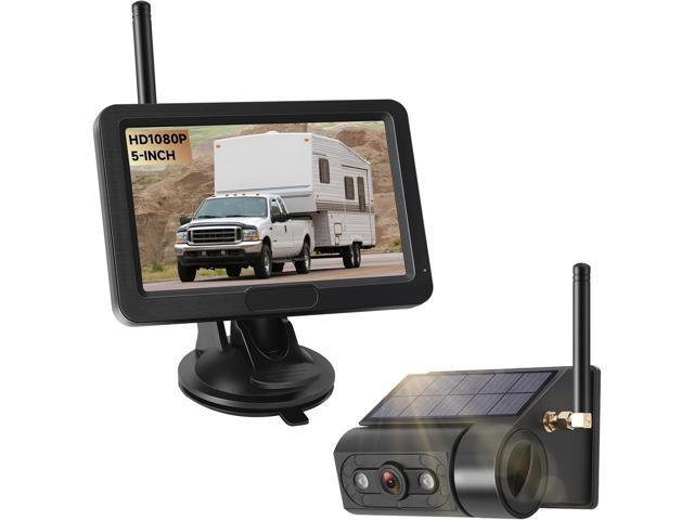Magnetic Solar Wireless Backup Camera with 5 HD Monitor No Wiring Rechargeable Battery IP68 IR Night Vision Rearview Camera System for Car RV Truck...
