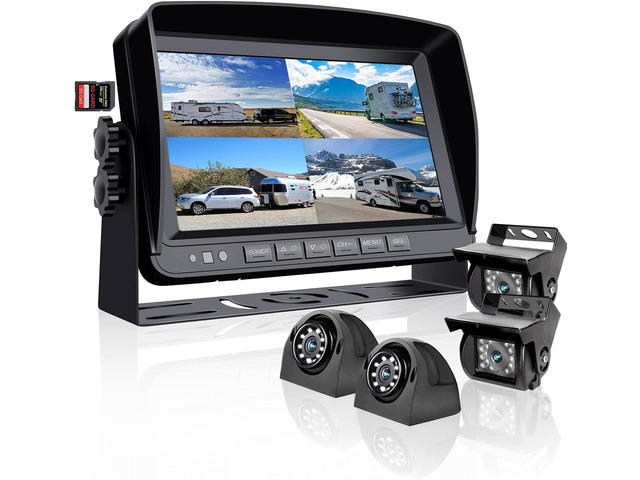 Backup Camera System with 9'' 1080P Monitor Wired for RV Truck Trailer Camper Bus, 4 Split Screen Quad View HD DVR Record Monitor + IP69 Waterproof...