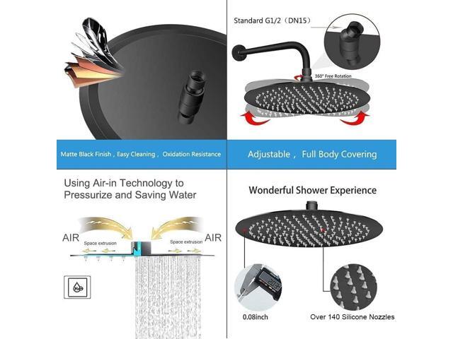 NearMoon Round Rain Shower Head With Extension Arm, Large Stainless Steel Rainfall Shower-Waterfall Full Body Coverage (12 Inch, Matte Black)