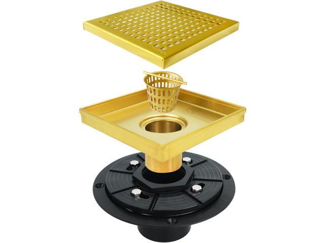Neodrain 6 in Brushed Brass Square Shower Drain with Removable Quadrato Pattern Grate, PVC Shower Drain Base and Rubber Gasket, Gold 6' Square...