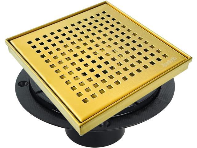 Neodrain 6 in Brushed Brass Square Shower Drain with Removable Quadrato Pattern Grate, PVC Shower Drain Base and Rubber Gasket, Gold 6' Square...