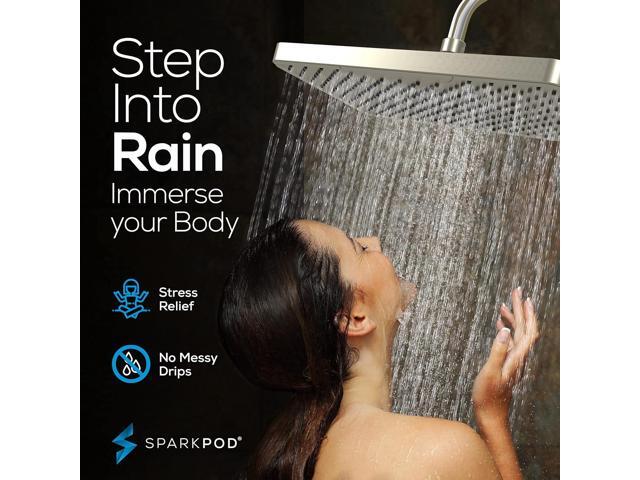 SparkPod 12 Inch Rectangle Rain Shower Head - Ceiling or Wall Mount Rainfall Shower Head - Large Coverage Showerhead - Brass Ball Joint with 360°...