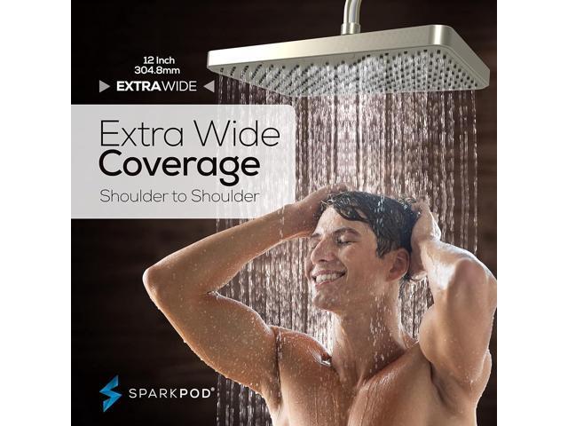 SparkPod 12 Inch Rectangle Rain Shower Head - Ceiling or Wall Mount Rainfall Shower Head - Large Coverage Showerhead - Brass Ball Joint with 360°...