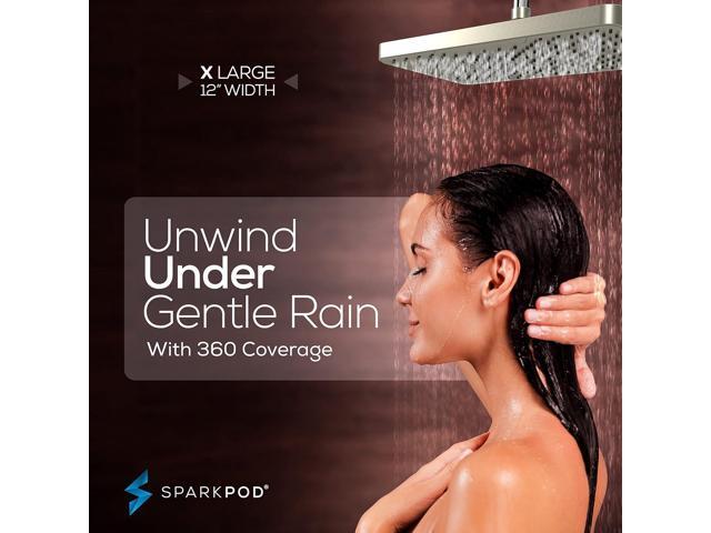 SparkPod 12 Inch Rectangle Rain Shower Head - Ceiling or Wall Mount Rainfall Shower Head - Large Coverage Showerhead - Brass Ball Joint with 360°...
