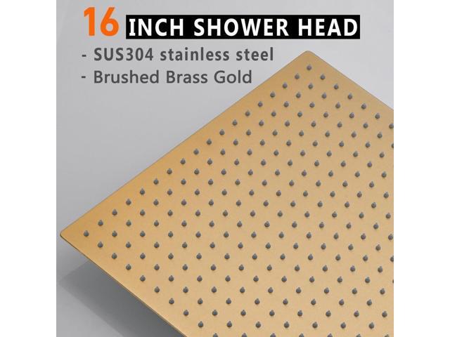 Rainfall Shower Head in Gold, BSTIIU Extra Large 16 Inch Square Ceiling Mount Shower Head, High Pressure Ultra Thin Top Rain Shower Heads, Brushed...