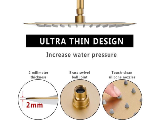 Rainfall Shower Head in Gold, BSTIIU Extra Large 16 Inch Square Ceiling Mount Shower Head, High Pressure Ultra Thin Top Rain Shower Heads, Brushed...