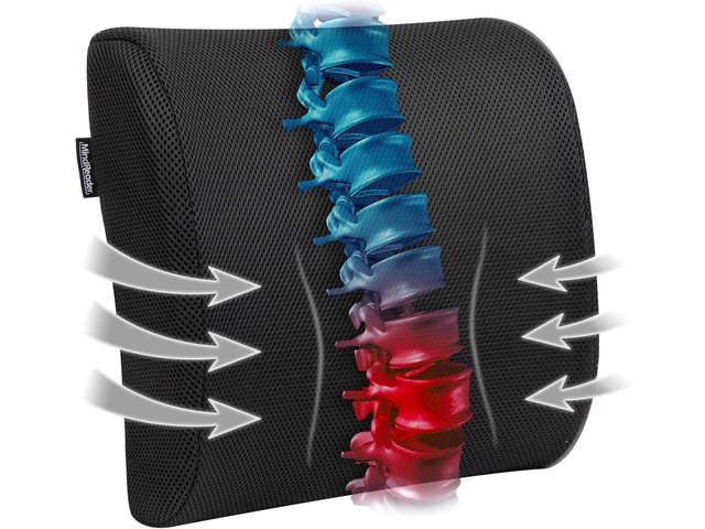 Mind Reader Lumbar Support Cushion with Air-Cloud Memory Foam, Ergonomic Lower Back Pillow for Office Chair and Car Seat, Black