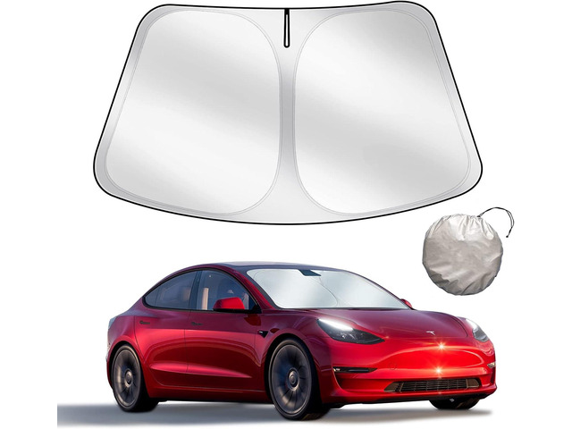 Upgraded Sunshade for Tesla Model 3/Y Windshield, Improved UV Protection Fabric, Metal Frame, Full-Size Foldable Front Sun Shade, Professional...