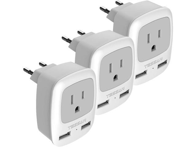 European Travel Plug Adapter 3 Pack, TESSAN International Power Adaptor 2 USB, Type C Outlet Adapter Charger USA to Most of Europe EU Spain Iceland.