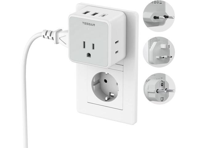 TESSAN All European UK Travel Plug Adapter Kit, International Detachable Converter with 3 Outlet 3 USB Charger (1 USB C), Type C/G/E/F EU UK Power.