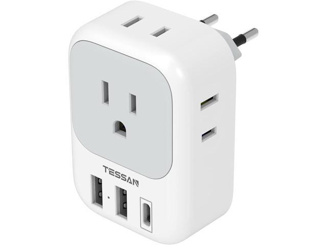 European Travel Plug Adapter USB C, TESSAN International Plug Adapter with 4 AC Outlets and 3 USB Ports, Type C Power Adaptor Charger for US to.