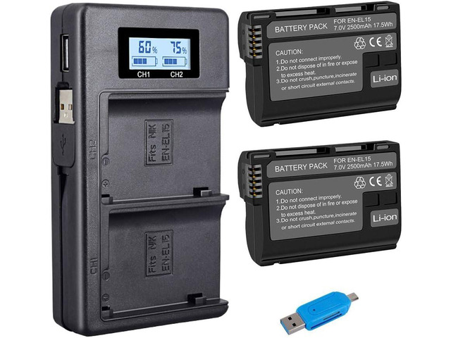 CITYORK EN-EL15 EN-EL15A Battery Charger Set for Nikon d750, d7500, d850, d800 and More (2-Pack 2500mAh Replacement Battery, Micro USB Input Charger