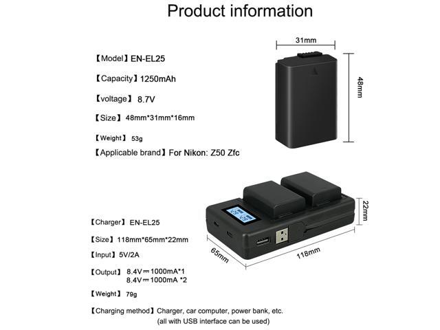 CITYORK EN-EL25 Batteries 2 Pack with LCD USB Charger For Nikon Z50 ZFC Z 50 Z FC MH-32 Camera
