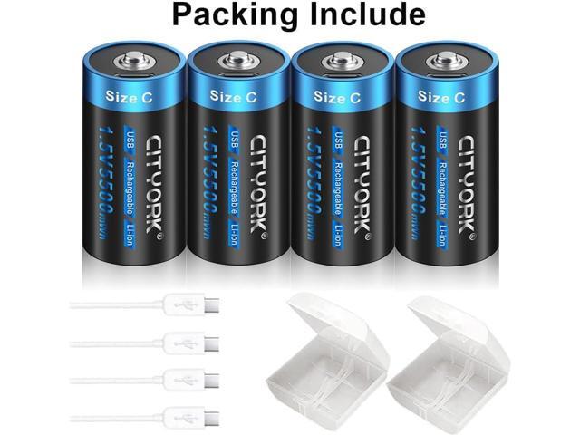 CITYORK 4 Pack 1.5V 5500mWh USB Rechargeable C Lithium Batteries, Constant Output C Cell Li-ion Batteries, Fast Charging